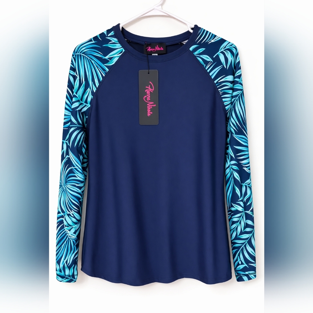 Navy Long Sleeve Rash Guard with Teal Leaf Print Sleeves